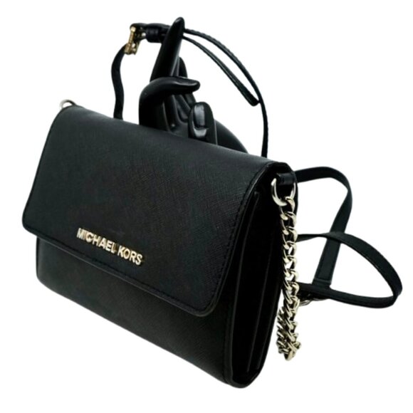 MICHAEL KORS~Jet Set Travel~BLACK SAFFIANO LEATHER CROSSBODY WALLET PHONE BAG - Picture 2 of 5